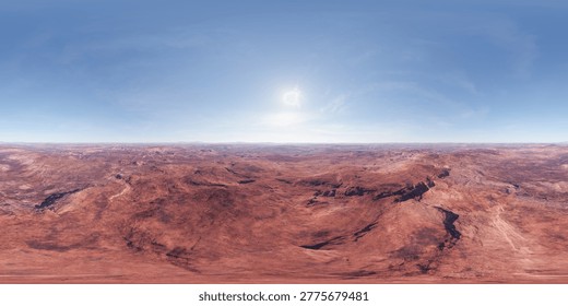 Wide panoramic 3D Rendering of a red desert canyon under bright sun, conveying vast, barren, otherworldly isolation. 360