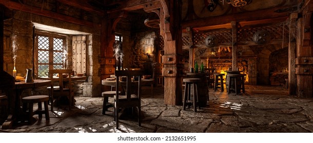 Wide Panoramic View Of The Bar Area In A Fantasy Medieval Tavern With Open Fire In The Background. 3D Illustration.