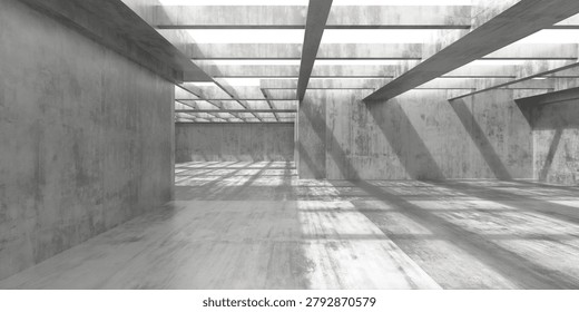 Wide panoramic view of an empty concrete hall with repeating beam structures and long shadows from overhead skylights, ideal for backgrounds and architectural mockups.