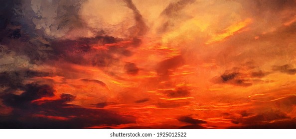 Wide panoramic view of the sunset sky with dark clouds. Artistic work on the theme of nature