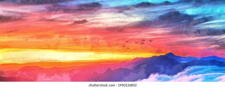 Wide panoramic view of the sunset sky. Birds are flying over the mountains. Artistic works on the theme of nature