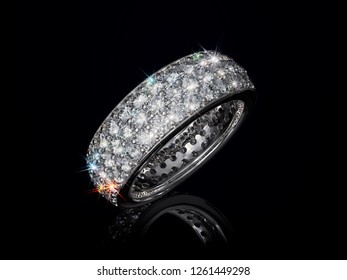 Wide Pave Setting Diamond Ring Staying On Black Glossy Background. 3D Illustration