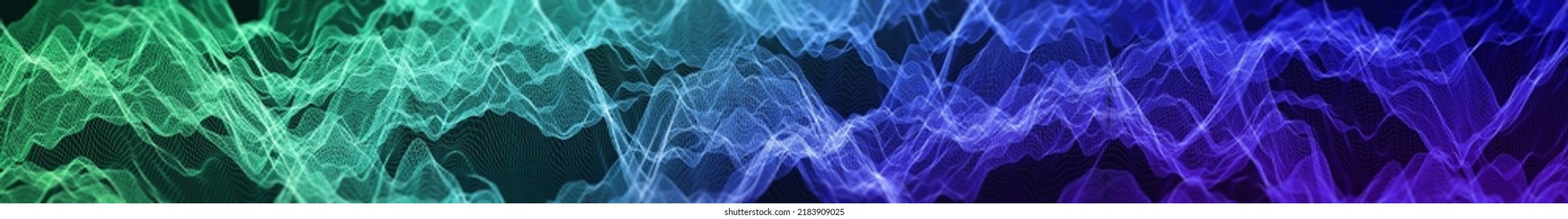 WIde screen full of waves. Mounds and canyons of colors. Peaks and dips formed by extremely fine 3D mesh or grid. Complex wireframe in purple to green color. 3D illustration, 3D rendering.  - Powered by Shutterstock