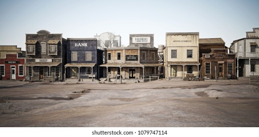 Wide side view of a rustic antique Western town with various businesses. 3d rendering
