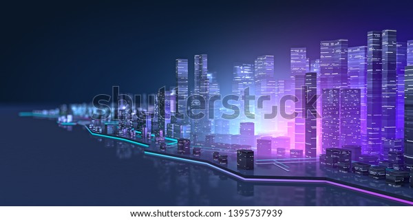 未来的な夜のネオン街が広がる ネオン灯の現代の町並み レトロウェーブとサイバーパンクのスタイル 3dイラスト のイラスト素材