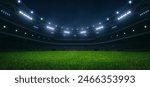 Wide view soccer stadium prepared for the evening match. Sports stadium field view. Professional sports background for advertisement.