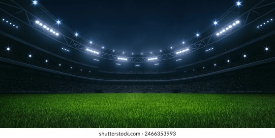 Wide view soccer stadium prepared for the evening match. Sports stadium field view. Professional sports background for advertisement.