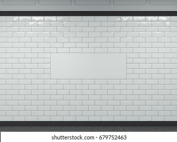 Wide white banner on tiled wall in subway. 3d rendering