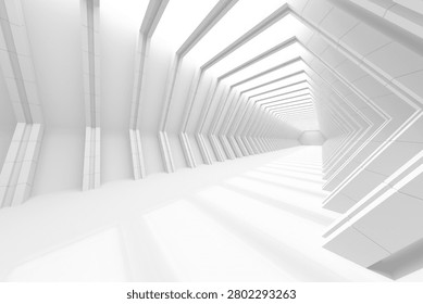 Wide-angle 3d view of an angular white tunnel with repetitive framed openings creating dramatic perspective and cast shadows, suited for futuristic banners, architectural visuals and minimalist backgrounds.