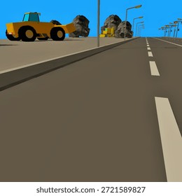 A wide-angle landscape perspective of a low-poly asphalt road stretching into the distance. A yellow wheel loader and another piece of construction machinery are parked on the shoulder next to large, 