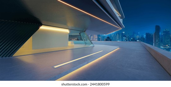 Wide-angle view of futuristic city building with illuminated lights against the evening sky. 3D render - Powered by Shutterstock