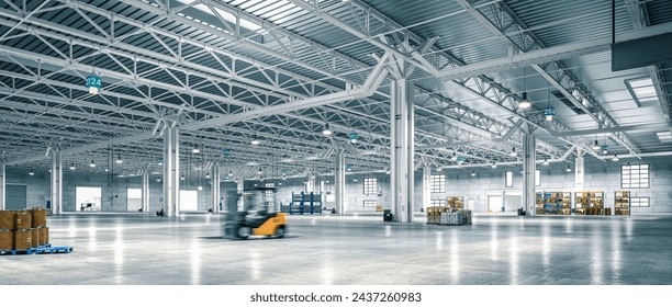 Wide-angle view of a spacious, well-lit warehouse with forklift in motion blur. 3d render