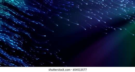 Wide-format header with flying swarm of fireflies in the night and glowing tracks. Dark background with shining star tracks