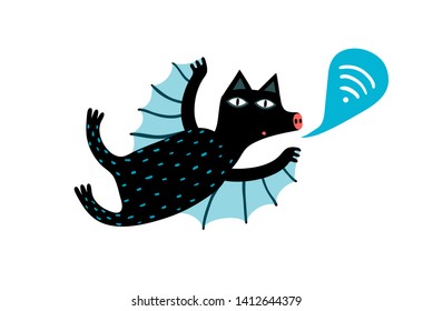 Wifi Bat Signal Sign. Flying Cute Sending Wifi Sign Bat Animal. Raster Variant.