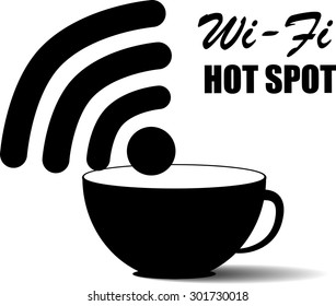 Wifi Hot Spot Sign And Symbol With A Cup Of Coffee. 