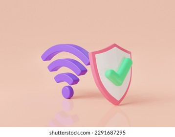 Wifi icon with shield protection and check mark. Internet and Private network, wi-fi symbol, wireless protection, wifi zone, wi-fi security. wifi access concept. 3d icon minimal render illustration - Powered by Shutterstock