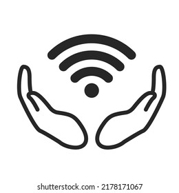 Wifi Internet Symbol With Open Hands On White Background. Isolated Illustration.