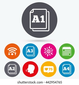 Wifi, Like Counter And Calendar Icons. Paper Size Standard Icons. Document Symbols. A1, A2, A3 And A4 Page Signs. Human Talk, Go To Web.