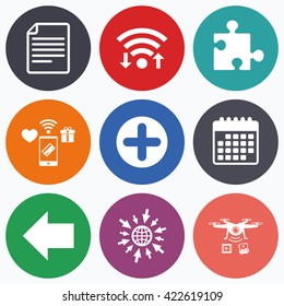Wifi, mobile payments and drones icons. Plus add circle and puzzle piece icons. Document file and back arrow sign symbols. Calendar symbol.