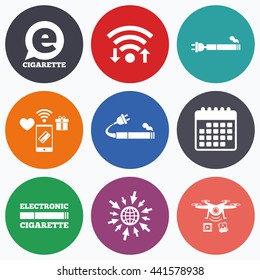 Wifi, mobile payments and drones icons. E-Cigarette with plug icons. Electronic smoking symbols. Speech bubble sign. Calendar symbol.