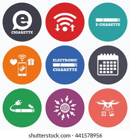 Wifi, mobile payments and drones icons. E-Cigarette with plug icons. Electronic smoking symbols. Speech bubble sign. Calendar symbol.
