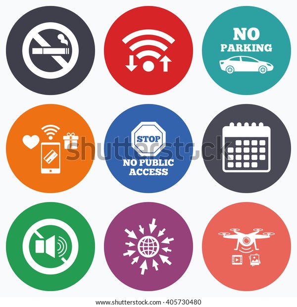 Wifi, mobile payments\
and drones icons. Stop smoking and no sound signs. Private\
territory parking or public access. Cigarette symbol. Speaker\
volume. Calendar\
symbol.