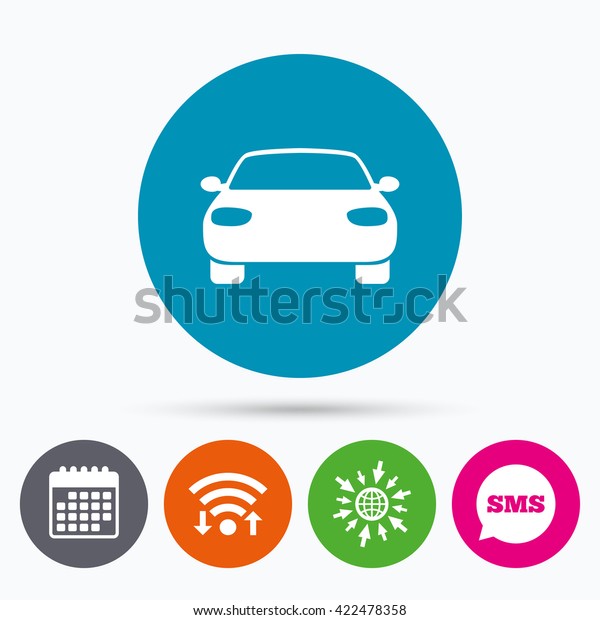 Wifi, Sms and calendar icons. Car sign\
icon. Delivery transport symbol. Go to web\
globe.