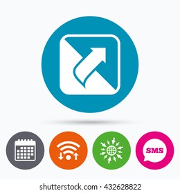 Wifi, Sms And Calendar Icons. Turn Page Sign Icon. Peel Back The Corner Of The Sheet Symbol. Go To Web Globe.