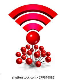 Wifi Wireless Location Concept With A Group Of Red Pushpins Coming Together With One Central Pin Shaped As A Wi Fi Symbol For Internet Connectivity As A Hot Spot For Data Transfers And Communication.