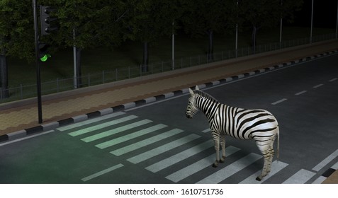 Wild Animal Zebra Crosses The Road At The Crosswalk In The Night City Observing The Traffic Laws.  Creative Conceptual Illustration. 3D Rendering