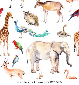 Wild Animals And Birds - Zoo, Wildlife (elefant, Giraffe, Deer, Owl, Parrot And Other). Seamless Pattern. Watercolor