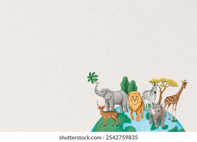 Wild animals border background, off-white textured design. Illustration of wild animals standing on the earth, white paper background, nature and environment design with copy space - Powered by Shutterstock