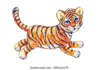 Wild Animals Funny Character - Baby Tiger. Watercolor Painting Isolated On White