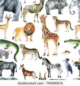 Wild Animals (giraffe, Elephant, Cheetah, Antelope) In Savannah.  Watercolor Zoo Seamless Pattern. 