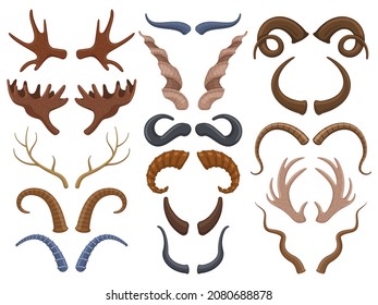 Wild Animals Horns Antlers, Reindeer, Bull, Goat. Hunting Trophy Deer, Ibex, Sheep And Moose Horns Isolated  Illustration Set. Trophy Wild Animals Horns. Reindeer Horn And Goat Horny