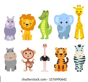 Wild animals illustration set. Cute African jungle animals collection isolated on white background.Children illustration.