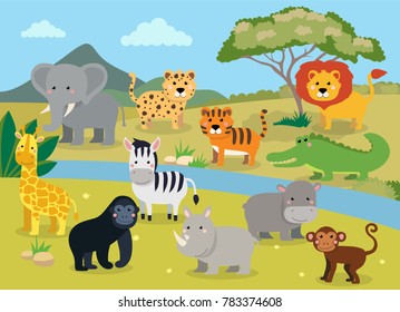 Wild Animals Landscape Cute Cartoon Illustration Stock Illustration ...