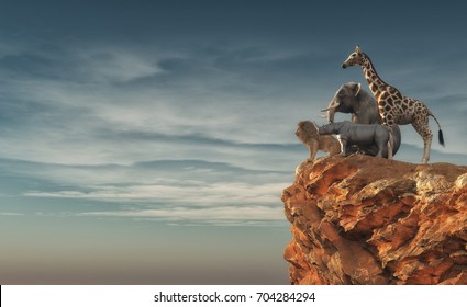 The Wild Animals - An Lion, Rhino, Elephant, Giraffe Sitting On Edge Of A Cliff And Admiring The Landscape. This Is A 3d Render Illustration
