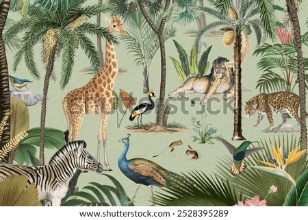 Wild animals pattern background, jungle illustration. Animal wildlife in nature pattern. Animal in the jungle pattern in vintage style. Beautiful aesthetic jungle of animal pattern wall art.