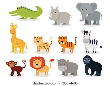 Wild animals set in flat style isolated on white background, illustration. Cute cartoon animals collection: crocodile, rhinoceros, elephant, giraffe, leopard, tiger, zebra, monkey, lion, hippo