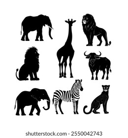 Wild animals silhouettes including lion, zebra, elephant, and giraffe arranged in a grid pattern on a plain background - Powered by Shutterstock