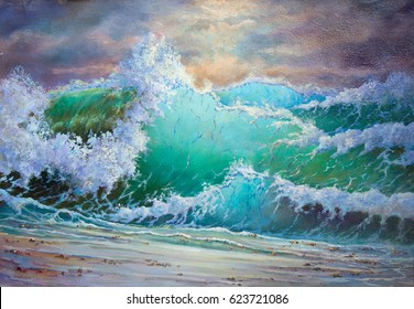 Wild Big Storm Sea Waves - Heaven Seascape View - Original Oil Painting On Canvas, Piece Of Art Part Of Gallery Collection