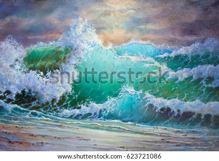 wild big storm sea waves - heaven seascape view - original oil painting on canvas, piece of art part of gallery collection