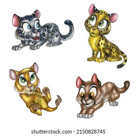 Wild cartoon kittens. Leopard cub, puma, snow leopard, lynx. Pencil watercolor illustration isolated on white background.