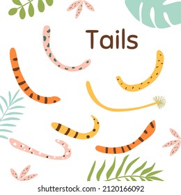 Wild Cat Tails Set Stickers. Wild Animals Tail Isolated Graphic. Hand Drawn Cartoon Colored Cat Tail Cute Illustration. Collection Of Various Cute Cartoon Wild Animal Tails. Fur Pet Body Element.
