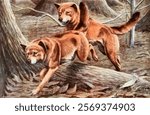 Wild dogs in a forest, wild dogs leaping over logs, wild dogs exploring the woods. Forest scene with wild dogs in action, vibrant and dynamic. Vintage dog art drawing, old illustration, vintage art.