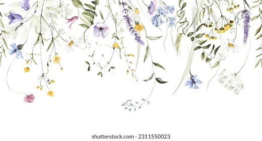 Wild field herbs flowers. Watercolor seamless border - illustration with green leaves, blue pink buds and branches. Wedding stationery, wallpapers, fashion, backgrounds, textures. `Wildflowers.