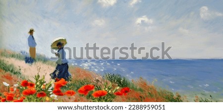 wild field  lavender and poppy 
 and lavender flowers field on horizon woman with umberella ,,blue  sunny sky and sea on horizon ,nature landscape  impressionism paint oil fine  art  abstract  banner