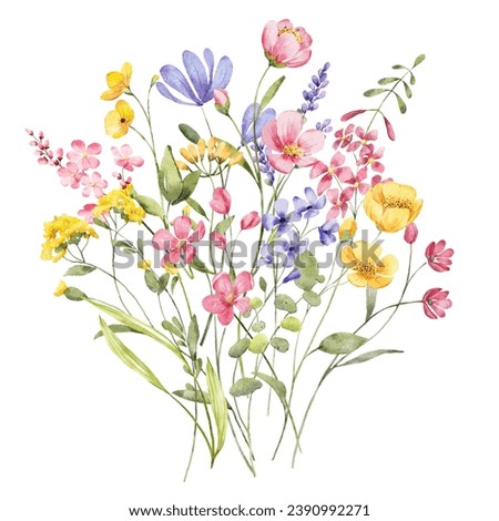 Wild flowers bouquet, watercolor digital illustration. Perfectly for poster, card design. Mother's Day, Birthday, Valentine's day, Wedding decoration.
