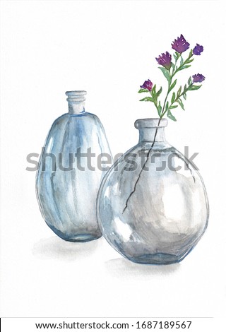 Wild flowers in glass bottle on white background, watercolor painting, still life, picture